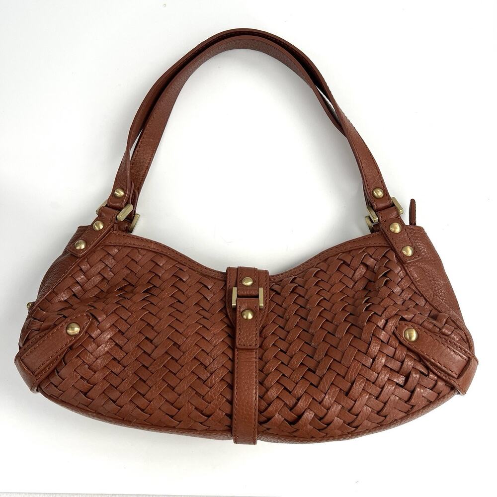 Cole Haan Brown Pebble Leather Village Weave F06 Stud Woven Boho Shoulder Bag